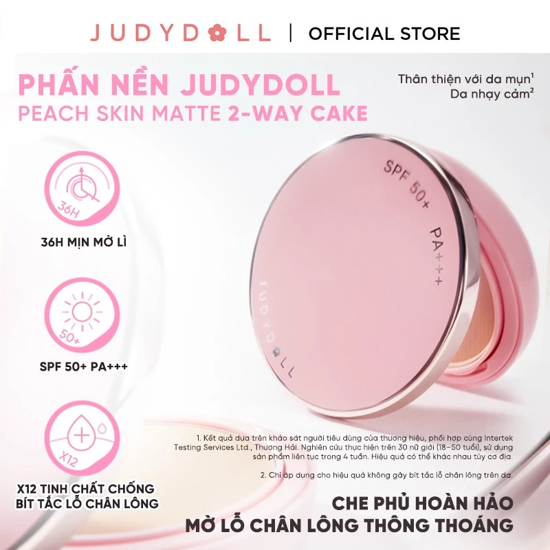 Phấn Nền Phấn Phủ Dạng Nén JUDYDOLL Peach Skin Matte 2-Way Cake Khô Thoáng Mịn Da